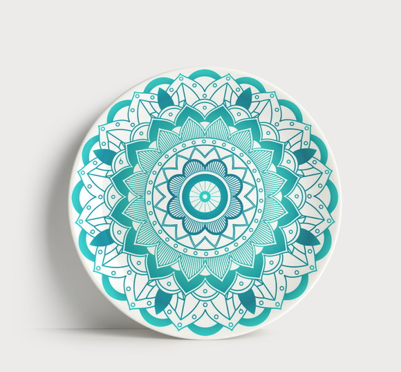 Prato Decorativo Mandala Turquesa e Aqua 21cm Porcelana