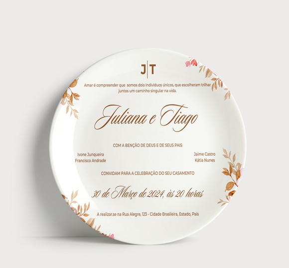 Convite Casamento Prato Porcelana Floral Romântico
