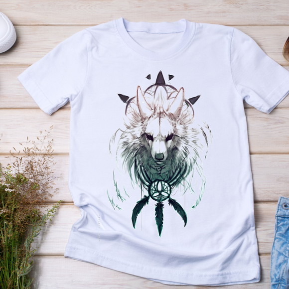 Camiseta Lobo Branco - Estilo Tribal com Filtro dos Sonhos - foto 1