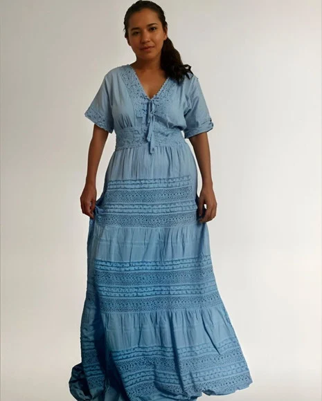 Vestido Longo Algodão Lese Renda Guipir Manga Curta - foto 1