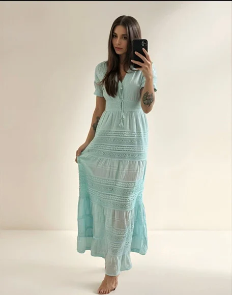 Vestido Longo Algodão Lese Renda Guipir Manga Curta - foto 1