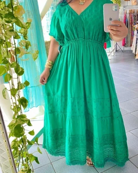 Vestido Longo Algodão Laise Renda Grupir Plussize - foto 1
