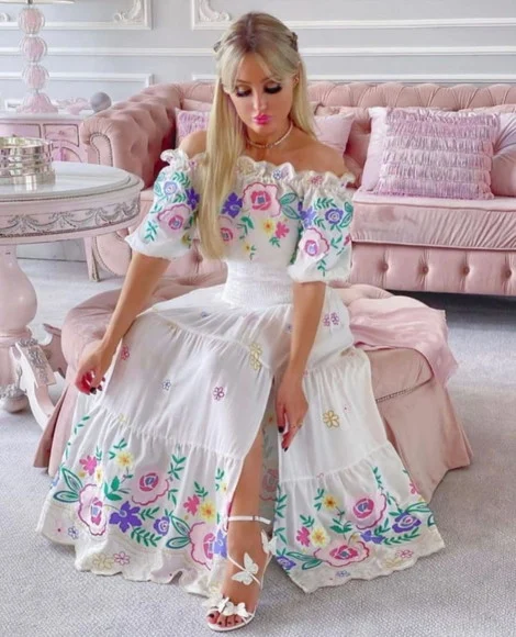 Vestido Longo Bordado Manga Ciganinha Noivado Civil Festa - foto 1