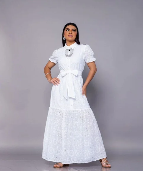 Vestido Longo Branco Algodão Bordado Lese Faixa Civil Festa - foto 1