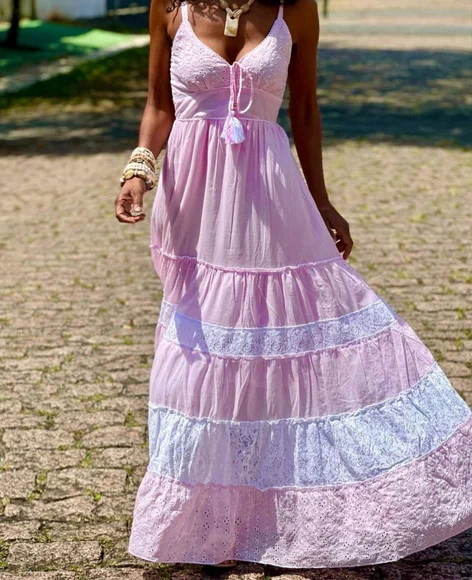 Vestido Longo Bordado Laise Rosa Branco Festa - foto 1