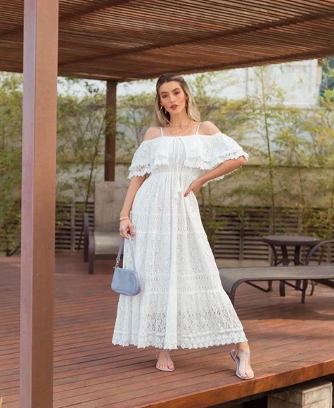 Vestido Longo Branco Renda Guipir Civil Pre Wedding Noiva