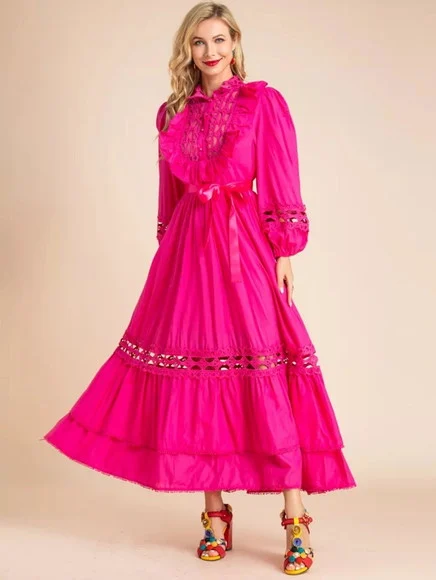 Vestido Pink Detalhes Renda Manga Longa Festa - foto 1