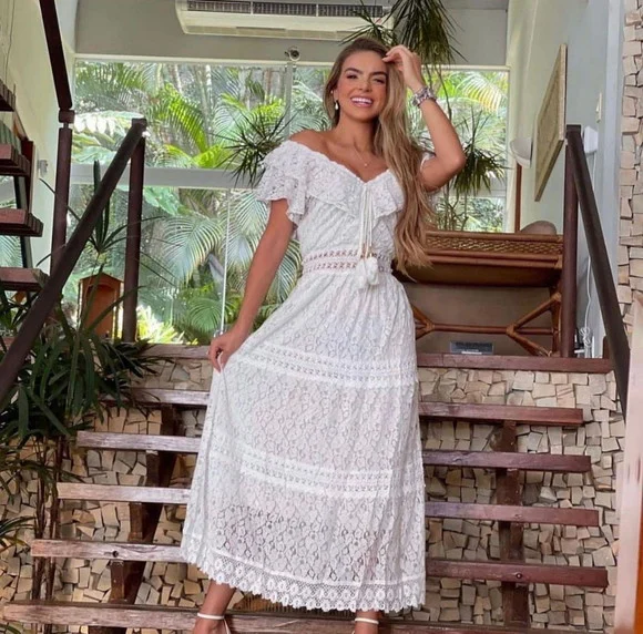 Vestido Longo Branco Renda Guipir Civil Prewedding