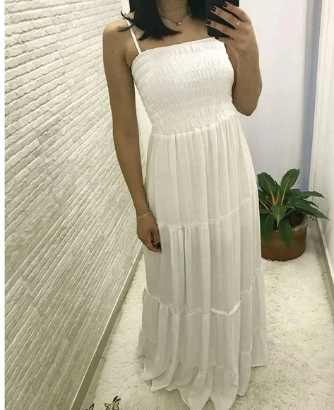 Vestido Longo Lastex Branco Rodado