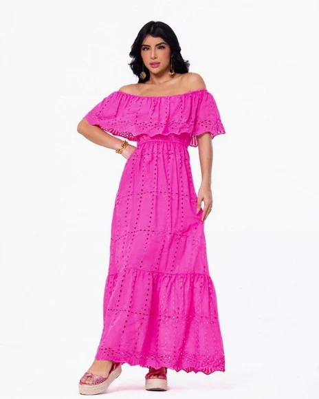 Vestido Bordado Laise Manga Ciganinha