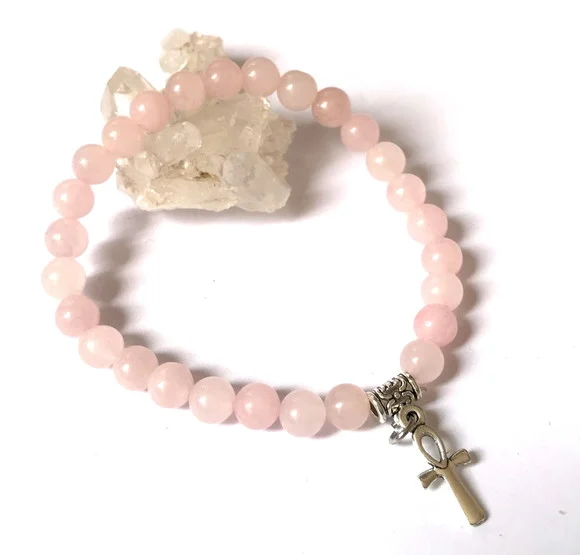 Pulseira Japamala 27 Contas Quartzo Rosa e Cruz Egipcia Ankh - foto 1