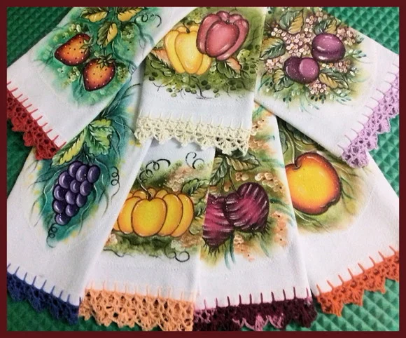 Kit 10 Panos de Prato Barrado Croche Pintado Mão Livre - foto 1