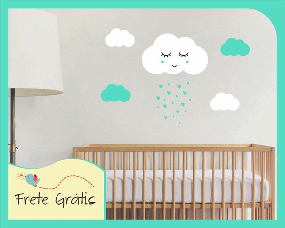 Adesivo Nuvem com Carinha - Branco e Verde Água - foto 1