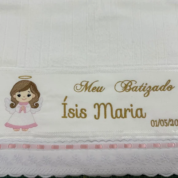 Toalha Personalizada Batizado Anjinha Combordado Inglês