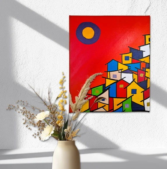 Mini Quadro Pintado a Mão de Paisagem Urbana 30x25cm - foto 1
