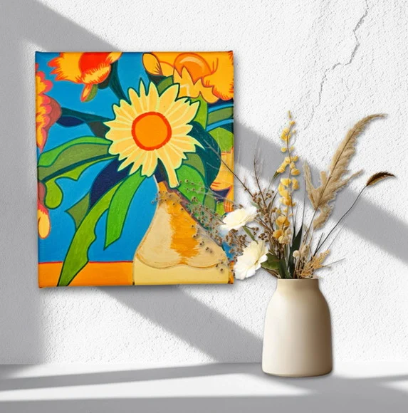 Mini Quadro Decorativo Pintado a Mão com Jarro de Flores - foto 1