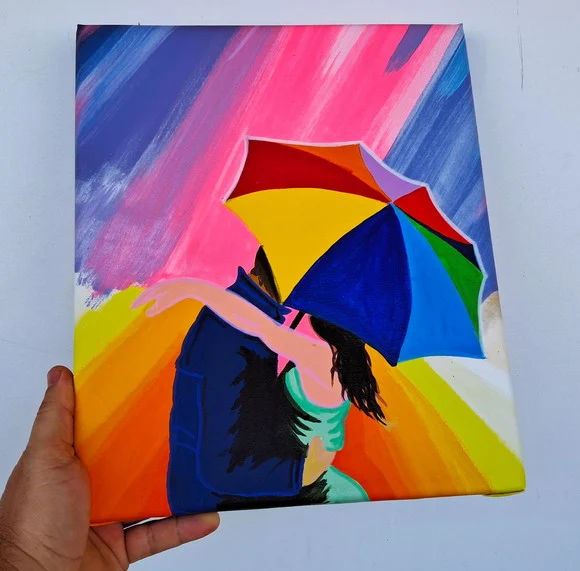 Mini Quadro Casal com Guarda Chuva Pintado a Mão 30x25cm - foto 1