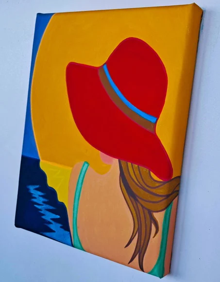 Mini Quadro Garota com Chapéu Vermelho Pintado a Mão 30x25cm - foto 1