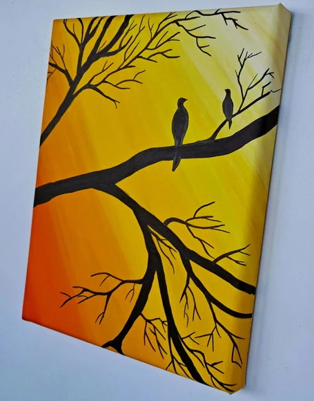 Mini Quadro Pássaros em Árvore Morta Pintado a Mão 30x25cm - foto 1
