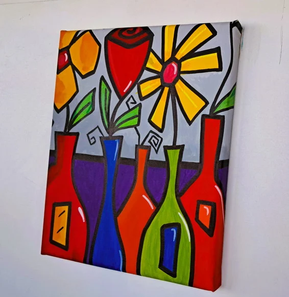 Mini Quadro de Garrafas com Flores Pintado a Mão 30x25cm - foto 1