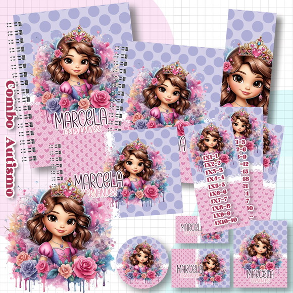 Caderno + Etiquetas + Tag Personalizada + Lápis Princesa