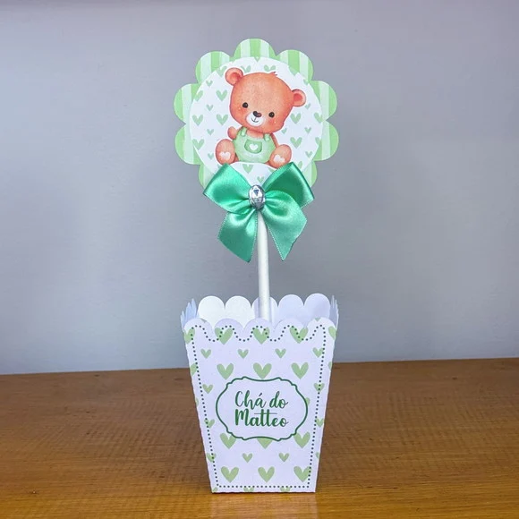 Centro de Mesa Cachepo Ursinho Verde Chá de Bebê Aniversário