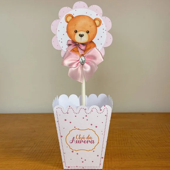 Centro de Mesa Cachepo Ursinha Rosa Chá de Bebê Aniversário